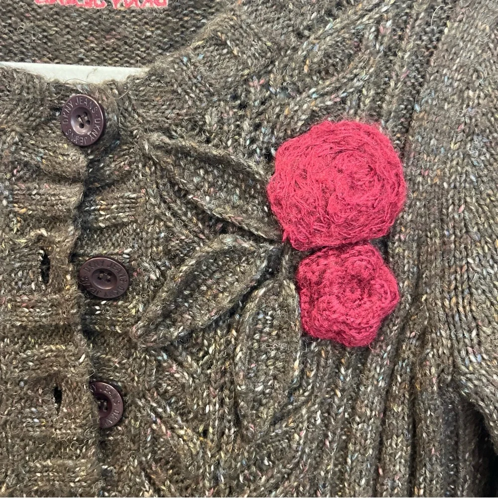 DKNY Floral‎ Embellishment Cardigan Sweater Brown Size Small 3/4 Length Sleeve